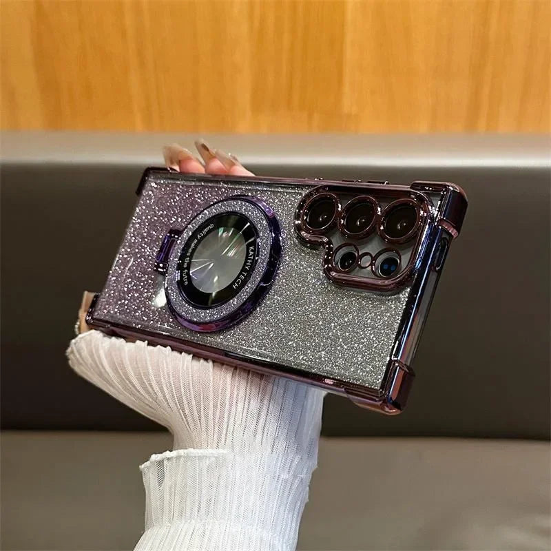 Luxury Magnetic Plating Stand Shockproof Glitter Case for Samsung Galaxy S25 Edge S24 Ultra S23 S22 Plus S21 S20 FE Clear Cover