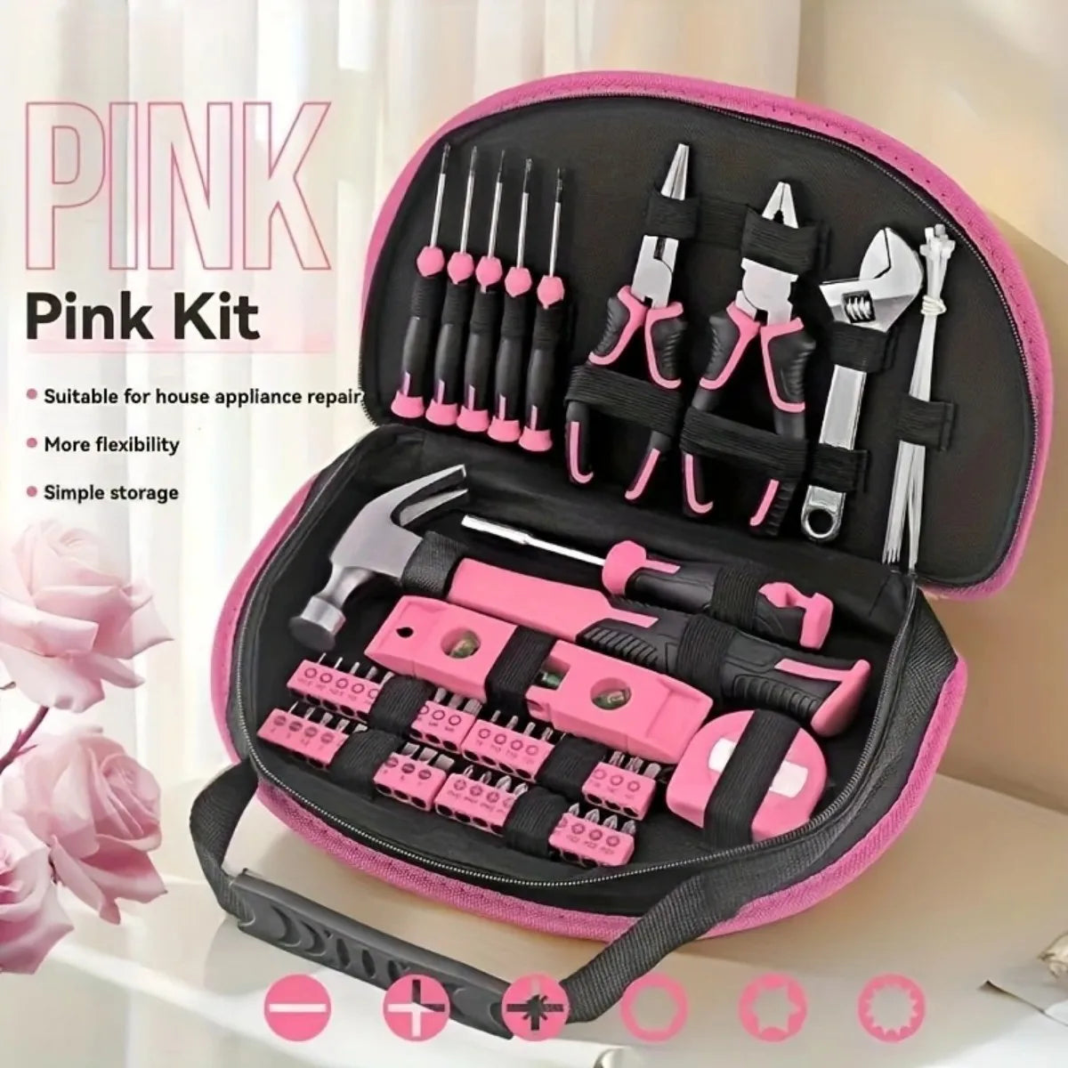 63pcs Pink Home Repair Tool Set for Women with Durable Metal Hand Tools, DIY Household