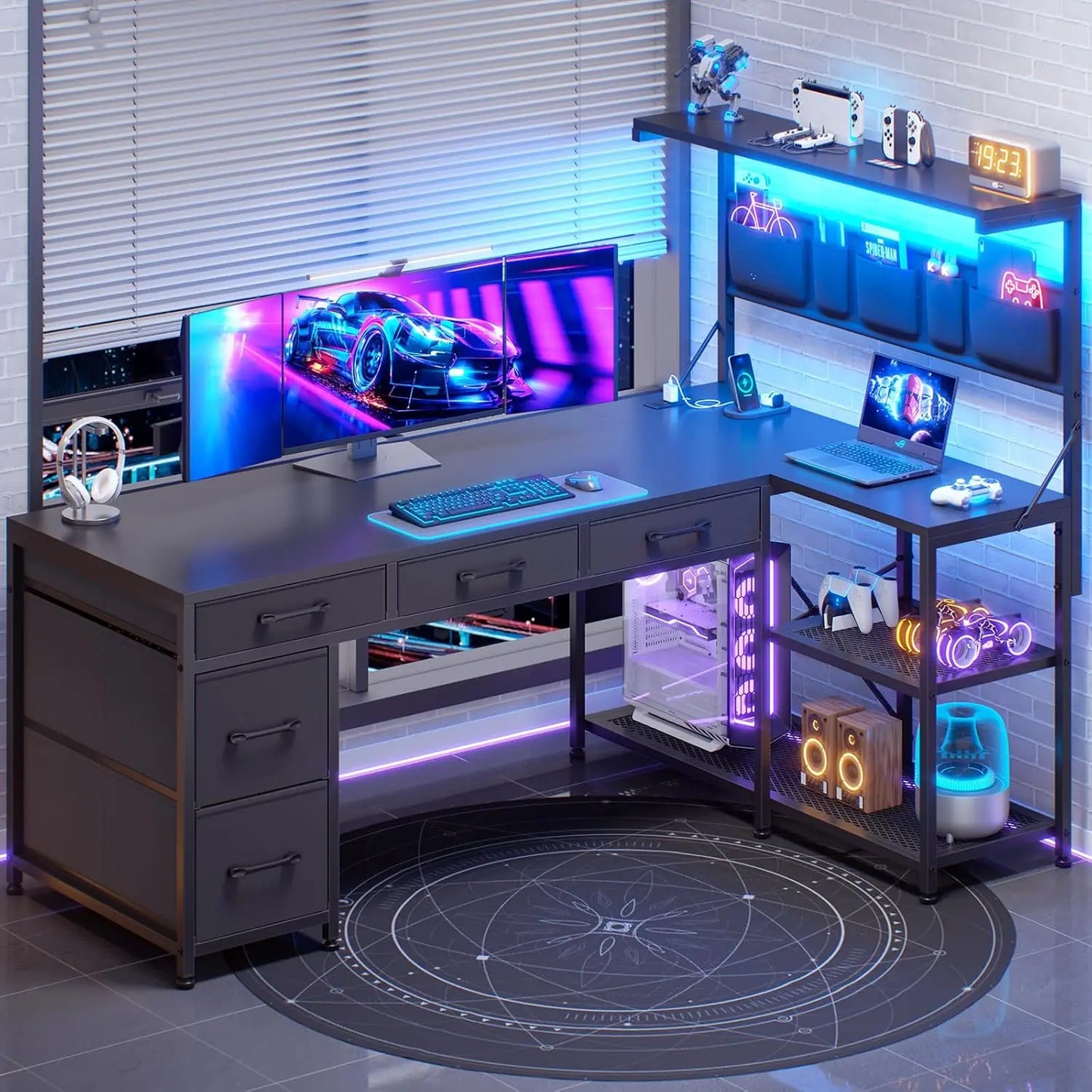 Corner Computer Desk, Reversible L Shaped Computer Desk with Fabric Drawers and Power Outlet, 47.2” Gaming Desk with LED