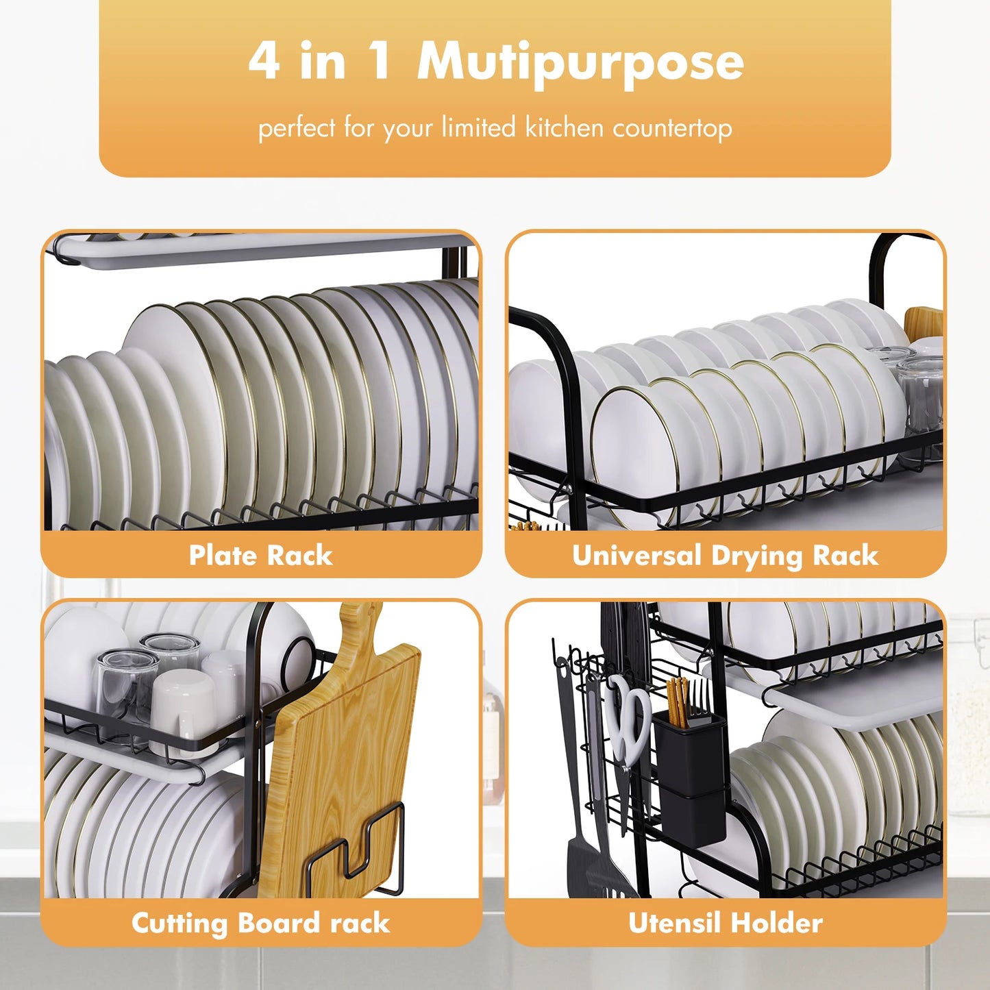2-TierDish Drying Rack for Kitchen Drain Board Tray Compact Dishing Rack Space-Saving with Utensil Holder Drainboard