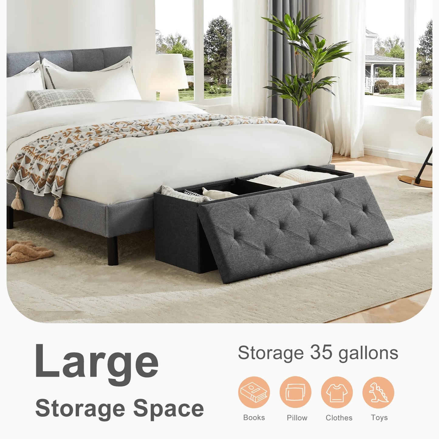 43 Inches Ottoman Bench Foldable Storage Chest Toy Organizer Box,Foot Rest Stool With Foam Sea