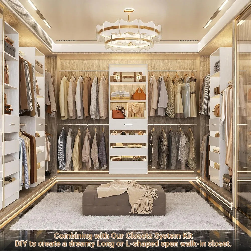 Closet System, 4-9 Ft Closet Organizer with 4 Wooden Drawers, Wooden Closet Organizer System with Tower