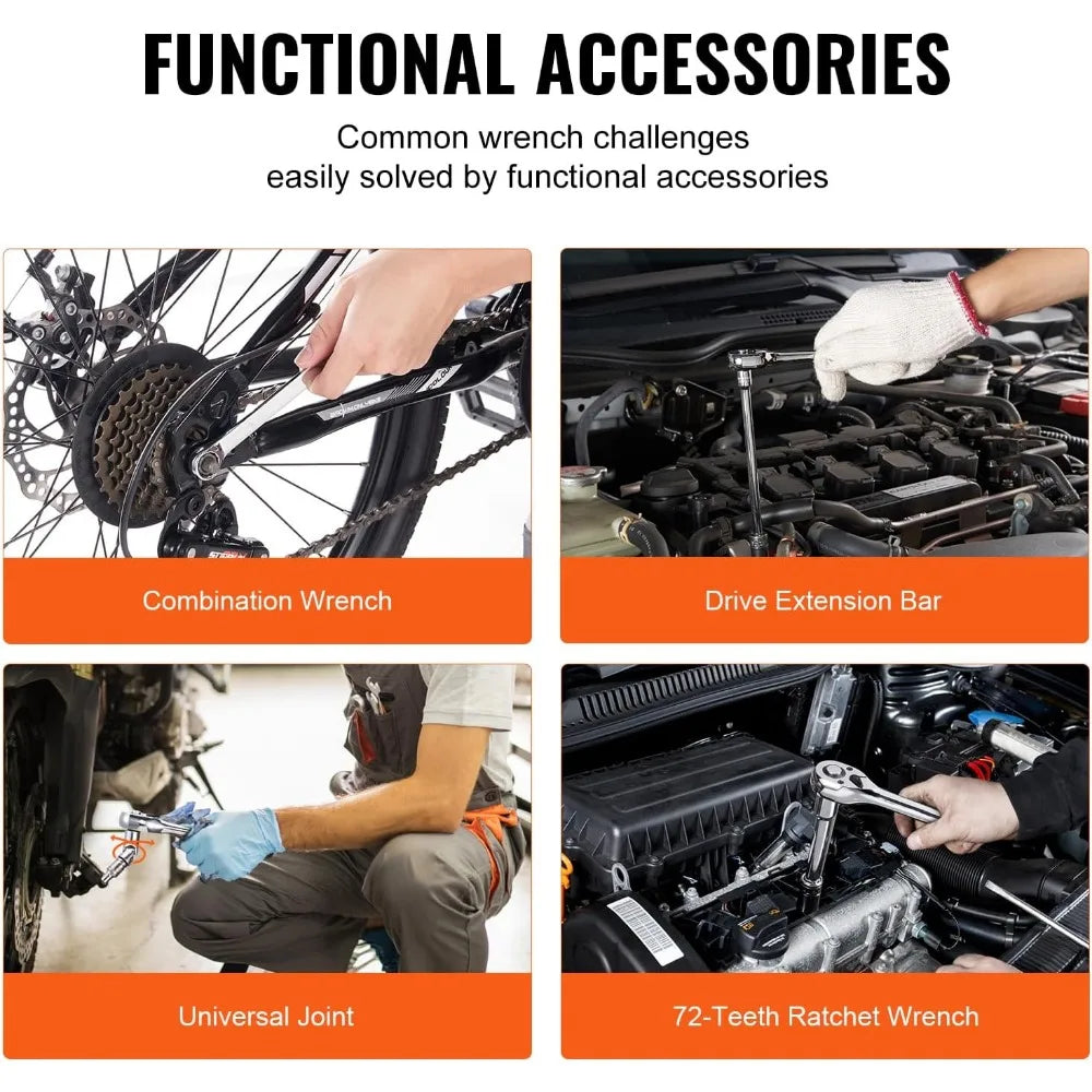 VEVOR Mechanics Tool Set and Socket Set, 1/4 3/8 1/2 Drive Deep and Standard Sockets, 450 Pcs SAE and Metric Mechanic Tool Kit w