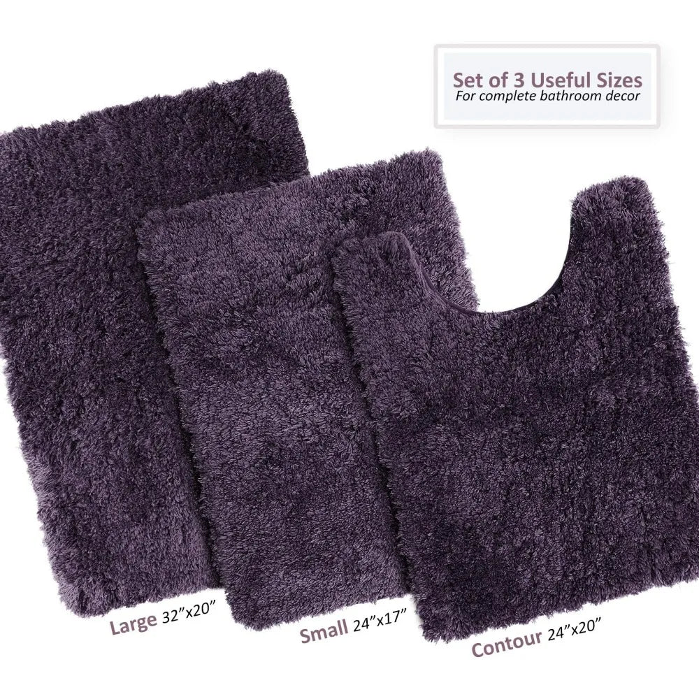 3-Piece Shaggy Plush Bath Mat Set, Non-Slip Quick Dry Ultra Soft Microfiber Rugs for Modern Bathroom
