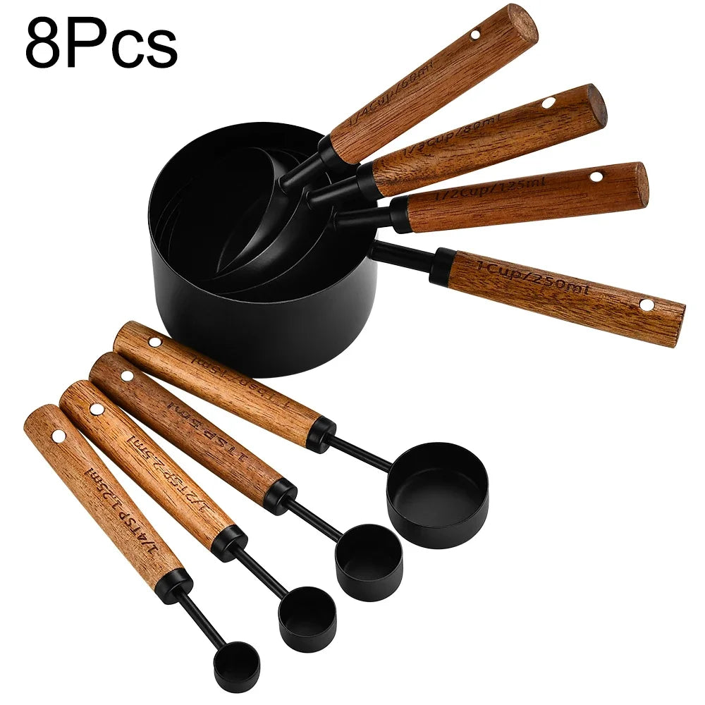 1/4/8pcs Stainless Steel Measuring Spoons With Scale Wooden Handle Household Kitchen Dining Bar Baking Tools Measuring Cups