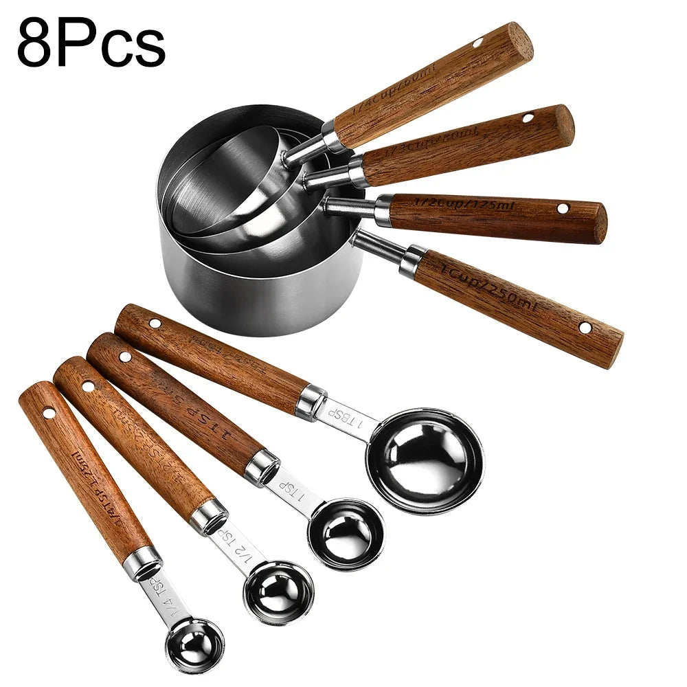 1/4/8pcs Stainless Steel Measuring Spoons With Scale Wooden Handle Household Kitchen Dining Bar Baking Tools Measuring Cups