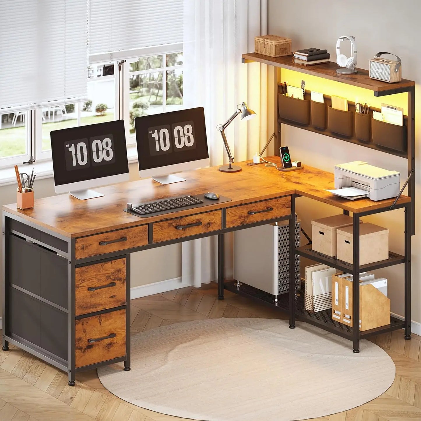 Corner Computer Desk, Reversible L Shaped Computer Desk with Fabric Drawers and Power Outlet, 47.2” Gaming Desk with LED