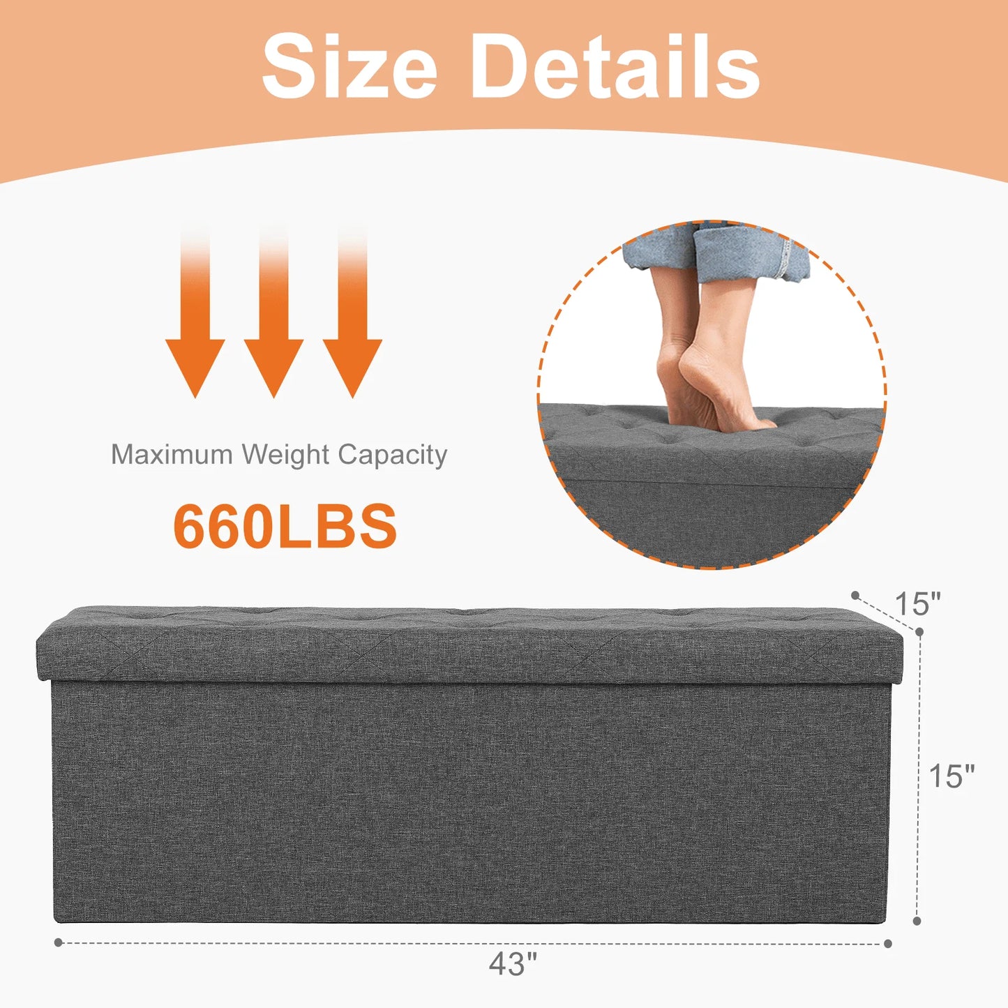 43 Inches Ottoman Bench Foldable Storage Chest Toy Organizer Box,Foot Rest Stool With Foam Sea