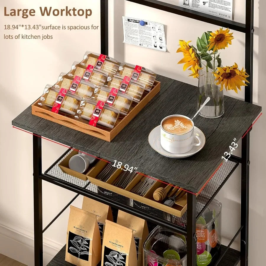 5 Tier Coffee Bar Station Kitchen Stand with 4 SShaped Hooks Farmhouse Corner Coffee Bar for Small Spaces Bakers Rack for Kitch