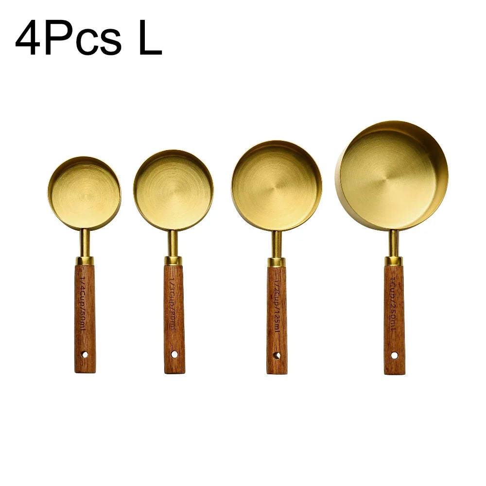 1/4/8pcs Stainless Steel Measuring Spoons With Scale Wooden Handle Household Kitchen Dining Bar Baking Tools Measuring Cups