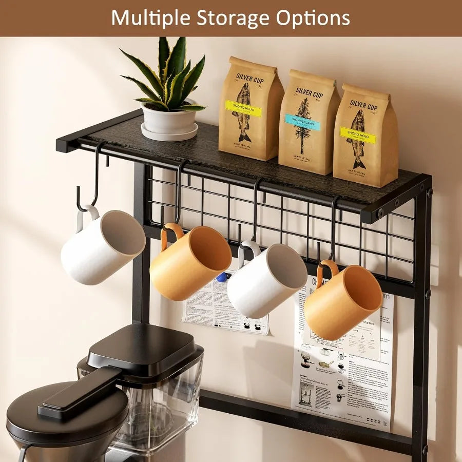 5 Tier Coffee Bar Station Kitchen Stand with 4 SShaped Hooks Farmhouse Corner Coffee Bar for Small Spaces Bakers Rack for Kitch