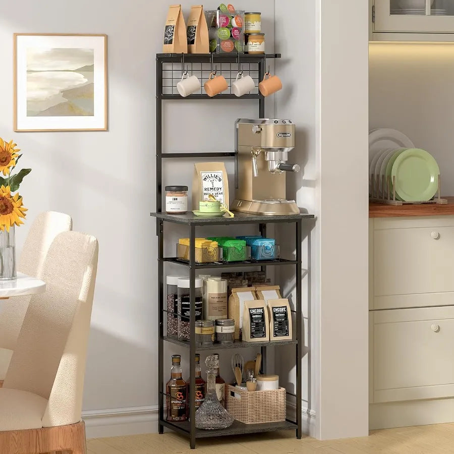5 Tier Coffee Bar Station Kitchen Stand with 4 SShaped Hooks Farmhouse Corner Coffee Bar for Small Spaces Bakers Rack for Kitch