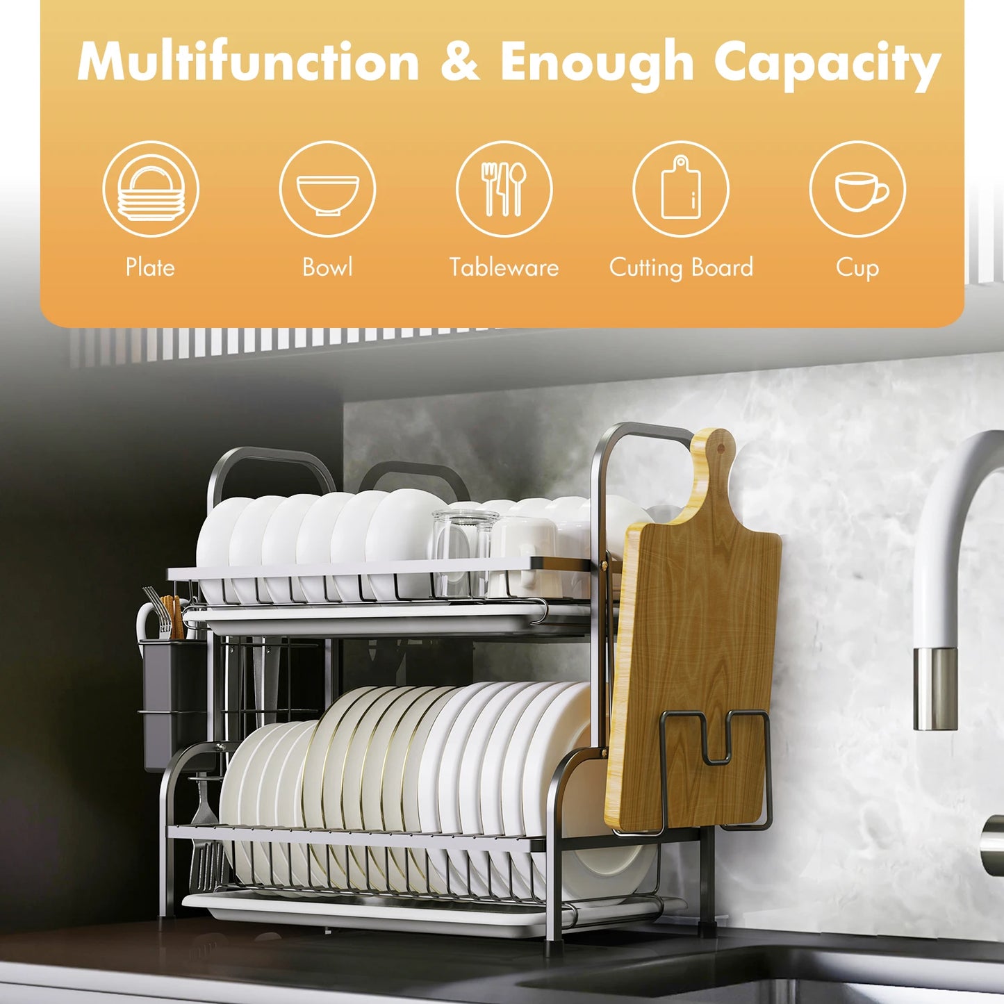 2-TierDish Drying Rack for Kitchen Drain Board Tray Compact Dishing Rack  Space-Saving with Utensil Holder Drainboard