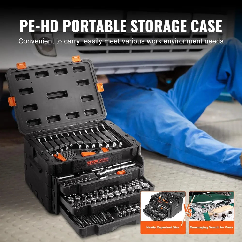 VEVOR Mechanics Tool Set and Socket Set, 1/4 3/8 1/2 Drive Deep and Standard Sockets, 450 Pcs SAE and Metric Mechanic Tool Kit w