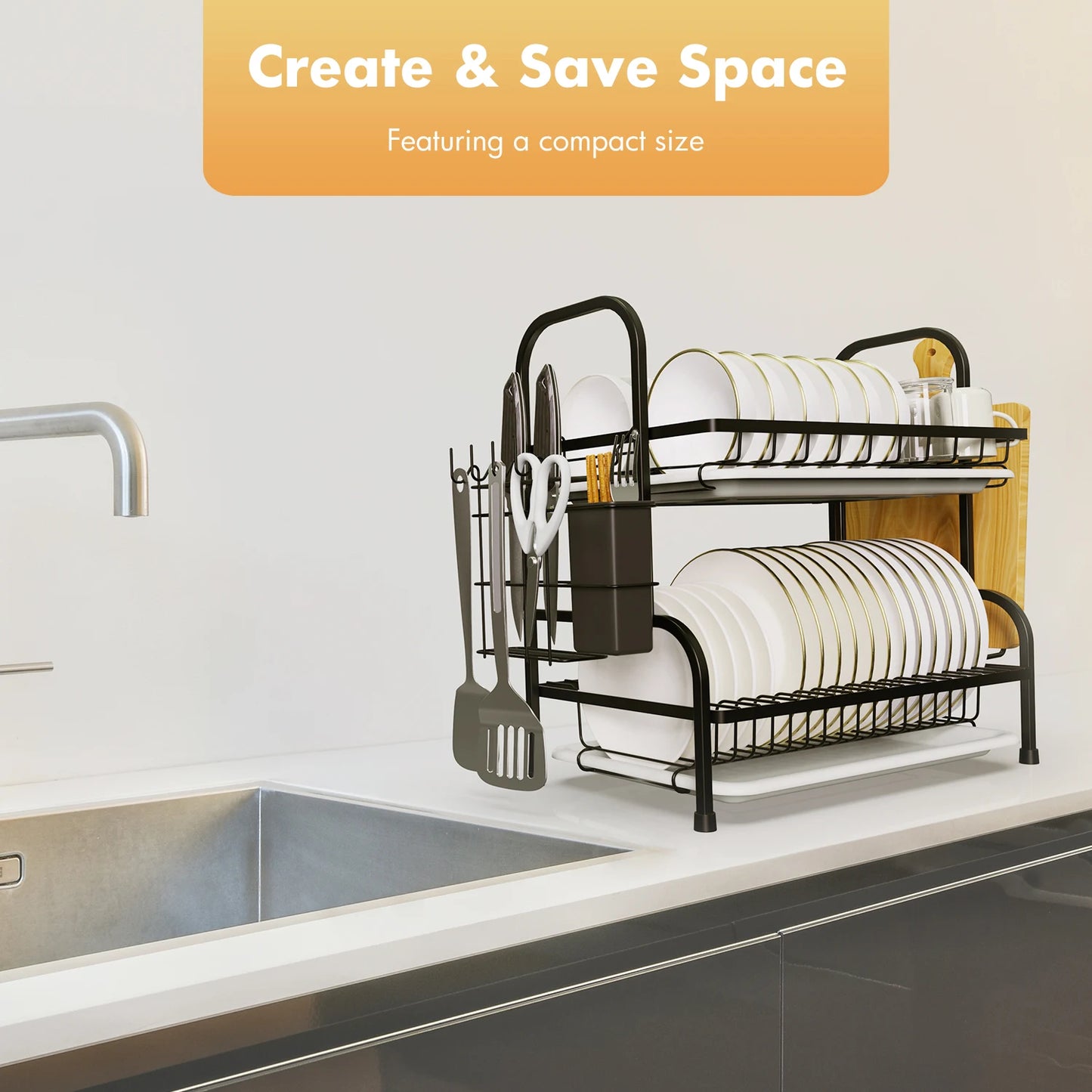 2-TierDish Drying Rack for Kitchen Drain Board Tray Compact Dishing Rack  Space-Saving with Utensil Holder Drainboard