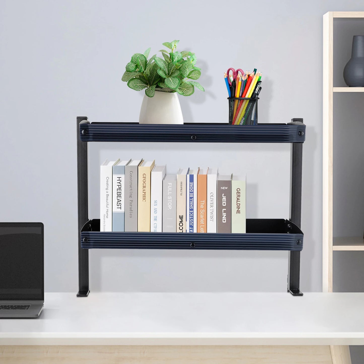 Clamp-on Desk Shelf, 2-Tier, Above or Under Table Corner Shelves Organizer, Black