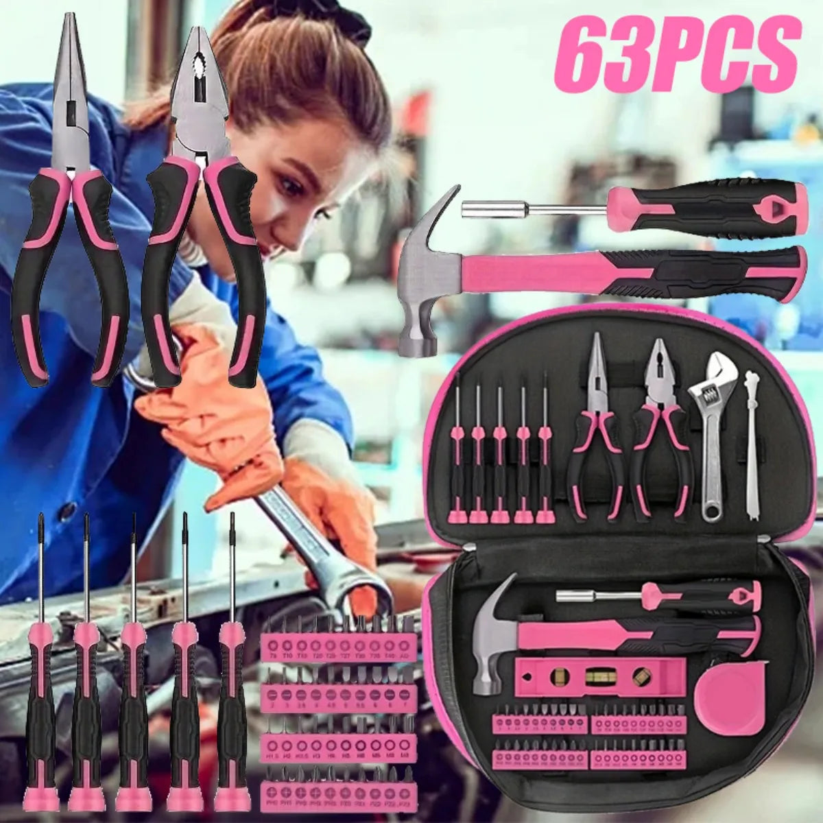 63pcs Pink Home Repair Tool Set for Women with Durable Metal Hand Tools, DIY Household
