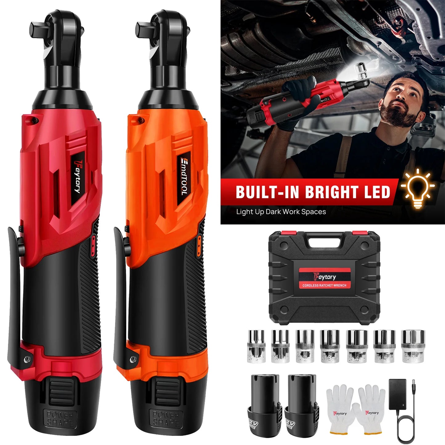 DayPlus 3/8" Cordless Electric Ratchet Wrench,12V Power Ratchet Tool 200NM with 2X 1500mAh Batteries 90° Angle Wrench,7 Sockets