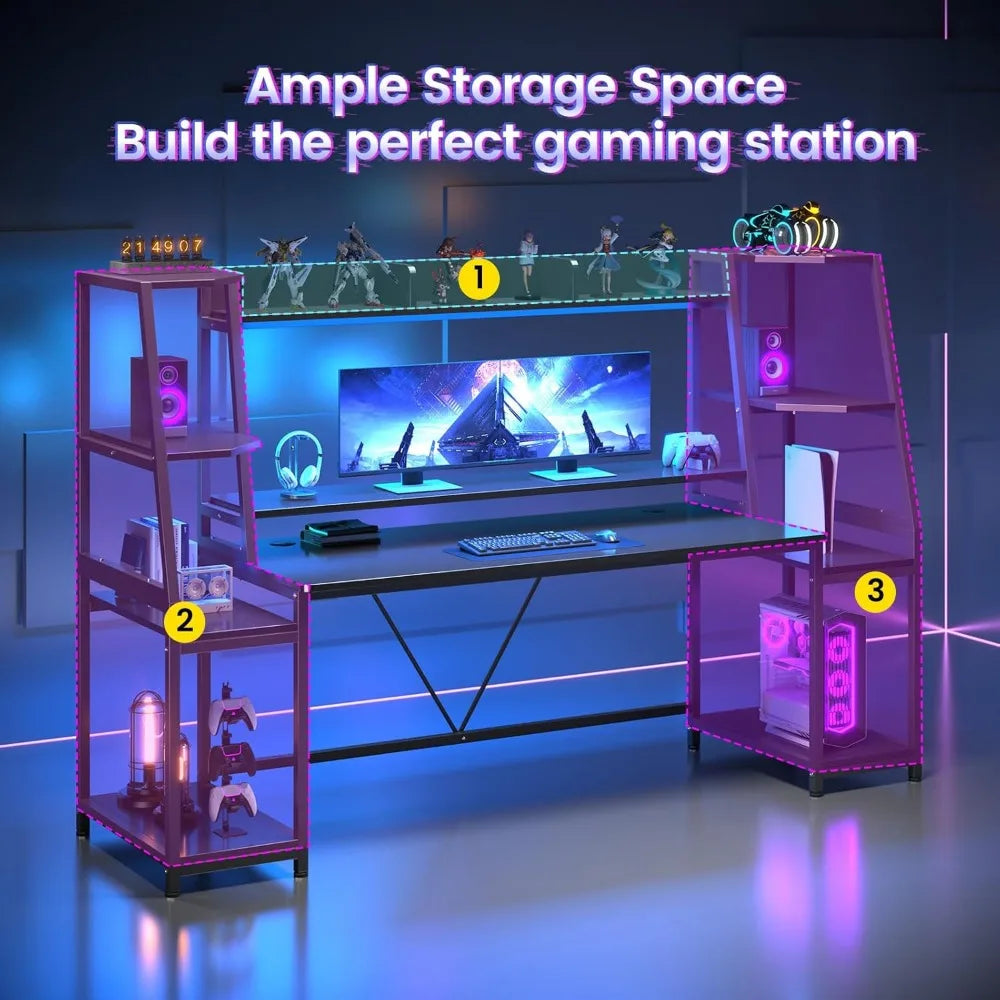 Hutch and Storage Shelves, Computer Desk with Monitor Stand, Large PC Gamer Desk WorkWorkstation, Ergonomic Gaming Table