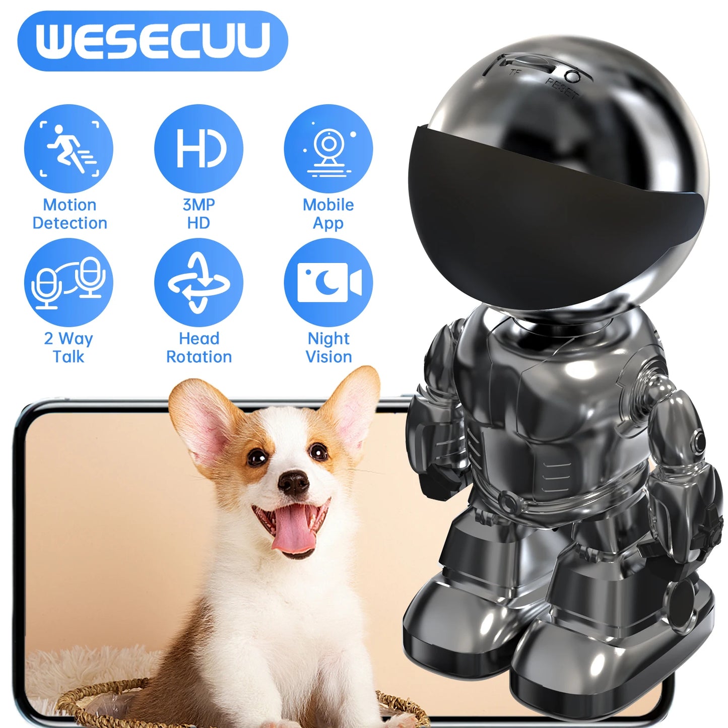 WESECUU 1080 HD Robot Camera Wifi 3MP Indoor Home Security Camera Night Vision Two Way Audio Auto Tracking Indoor Baby Monitor