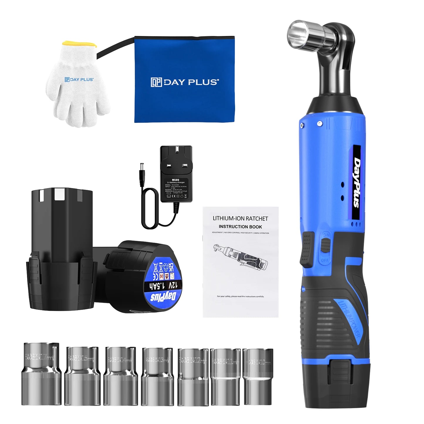 DayPlus 3/8" Cordless Electric Ratchet Wrench,12V Power Ratchet Tool 200NM with 2X 1500mAh Batteries 90° Angle Wrench,7 Sockets