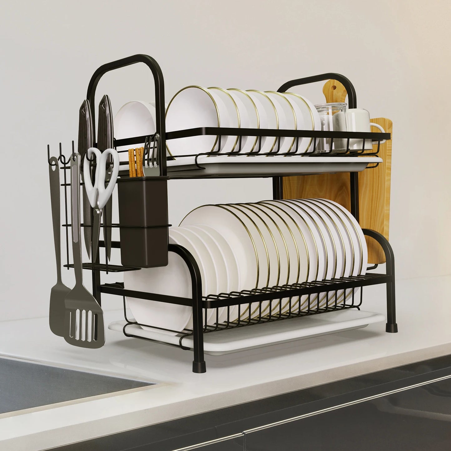 2-TierDish Drying Rack for Kitchen Drain Board Tray Compact Dishing Rack  Space-Saving with Utensil Holder Drainboard
