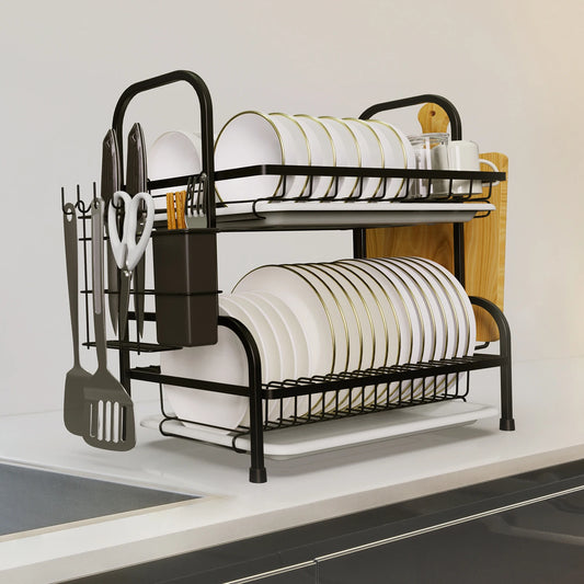 2-TierDish Drying Rack for Kitchen Drain Board Tray Compact Dishing Rack  Space-Saving with Utensil Holder Drainboard