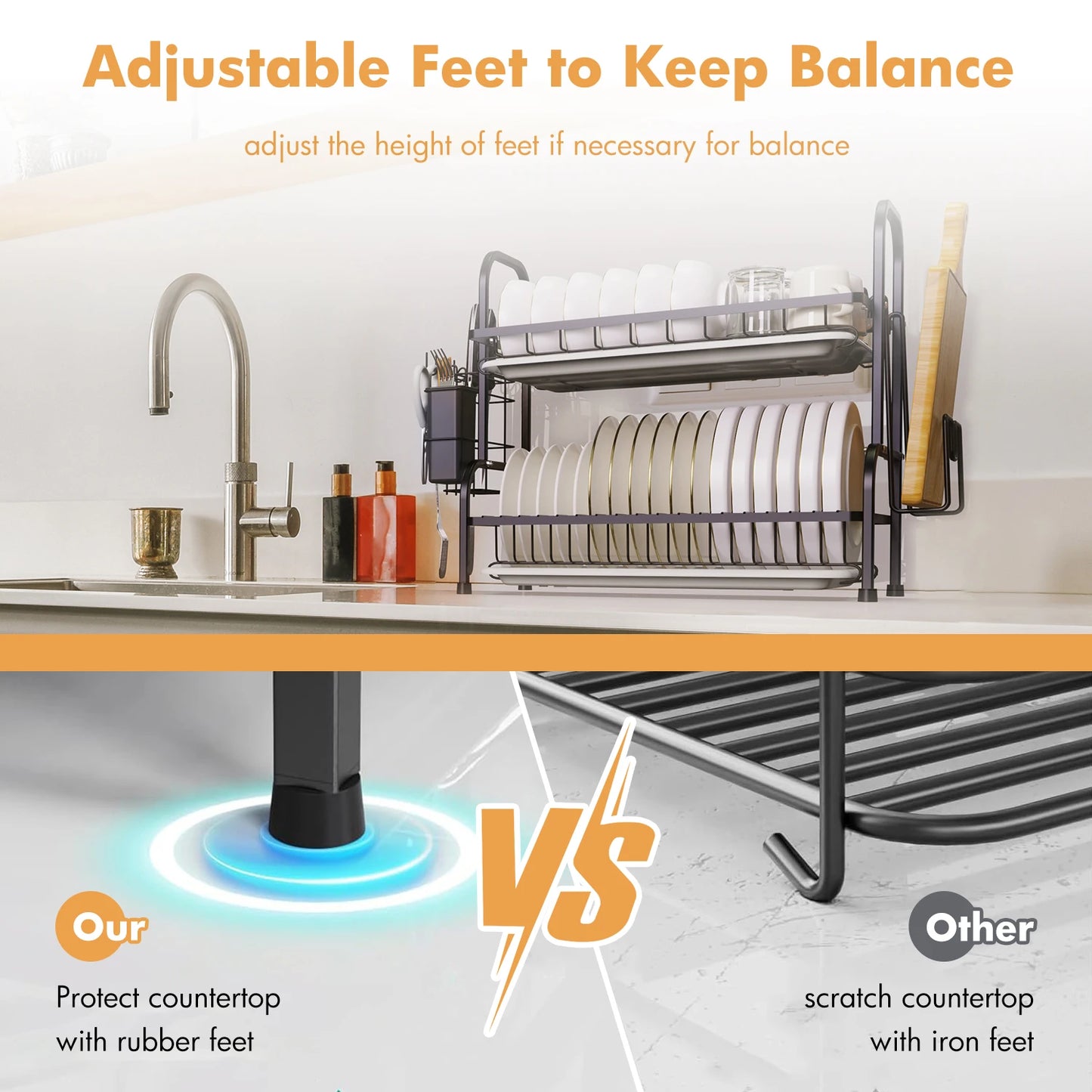 2-TierDish Drying Rack for Kitchen Drain Board Tray Compact Dishing Rack  Space-Saving with Utensil Holder Drainboard