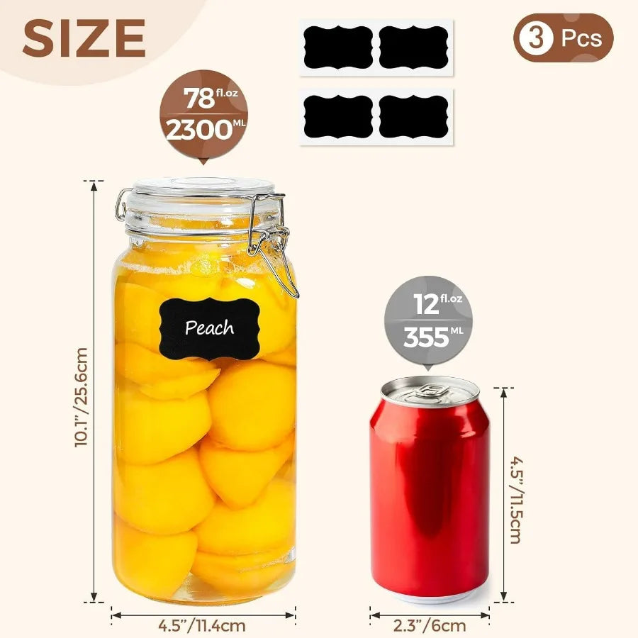 Airtight Glass Jars with Lids 78oz Set of 3, Food Storage Canister Square - Storage Container with Clear Preserving Seal Wire Cl
