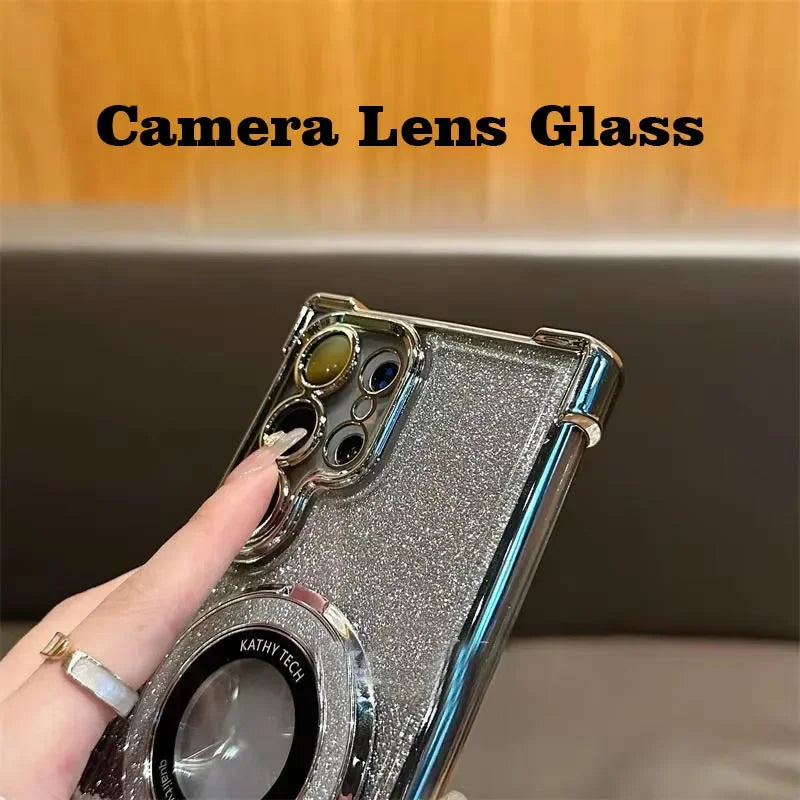 Luxury Magnetic Plating Stand Shockproof Glitter Case for Samsung Galaxy S25 Edge S24 Ultra S23 S22 Plus S21 S20 FE Clear Cover