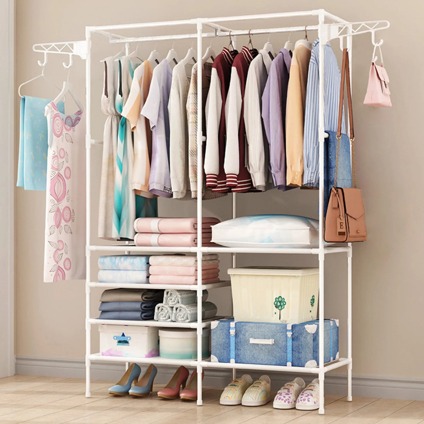 Metal Garment Clothing Rack Shoe Clothing Organizer Shelves Freestanding Multifunctional Clothes Wardrobe