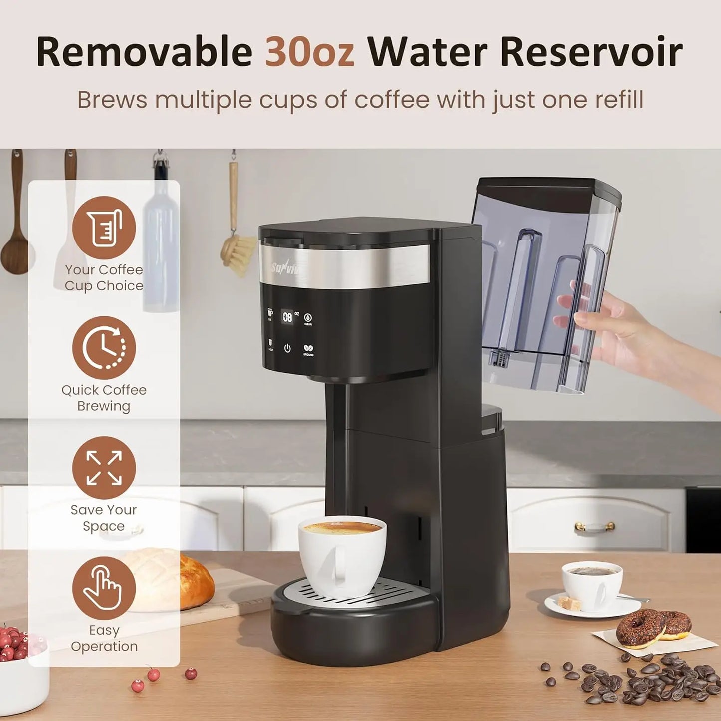 Iced Coffee Maker, Single Serve Coffee Maker with 3 Brewing Options for K Cup Pod or Ground Coffee, 30oz Removable Water Reservo