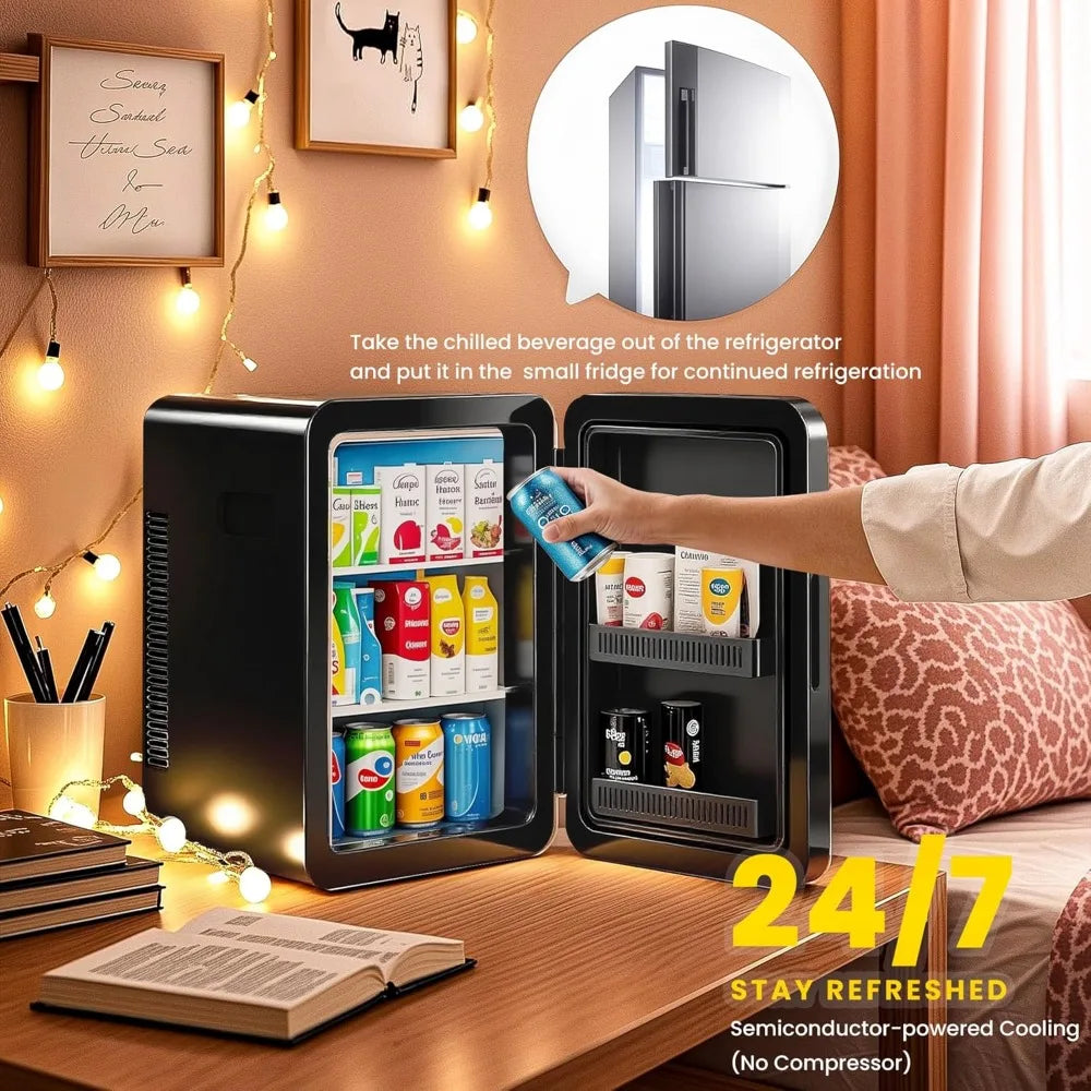 22L/30Cans Mini Fridge for Bedroom, 12v DC Portable Cooler & Warmer, Mini Refrigerator with Glass Front, for Car Office Desk & D