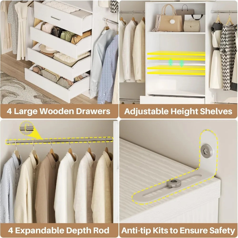 Closet System, 4-9 Ft Closet Organizer with 4 Wooden Drawers, Wooden Closet Organizer System with Tower