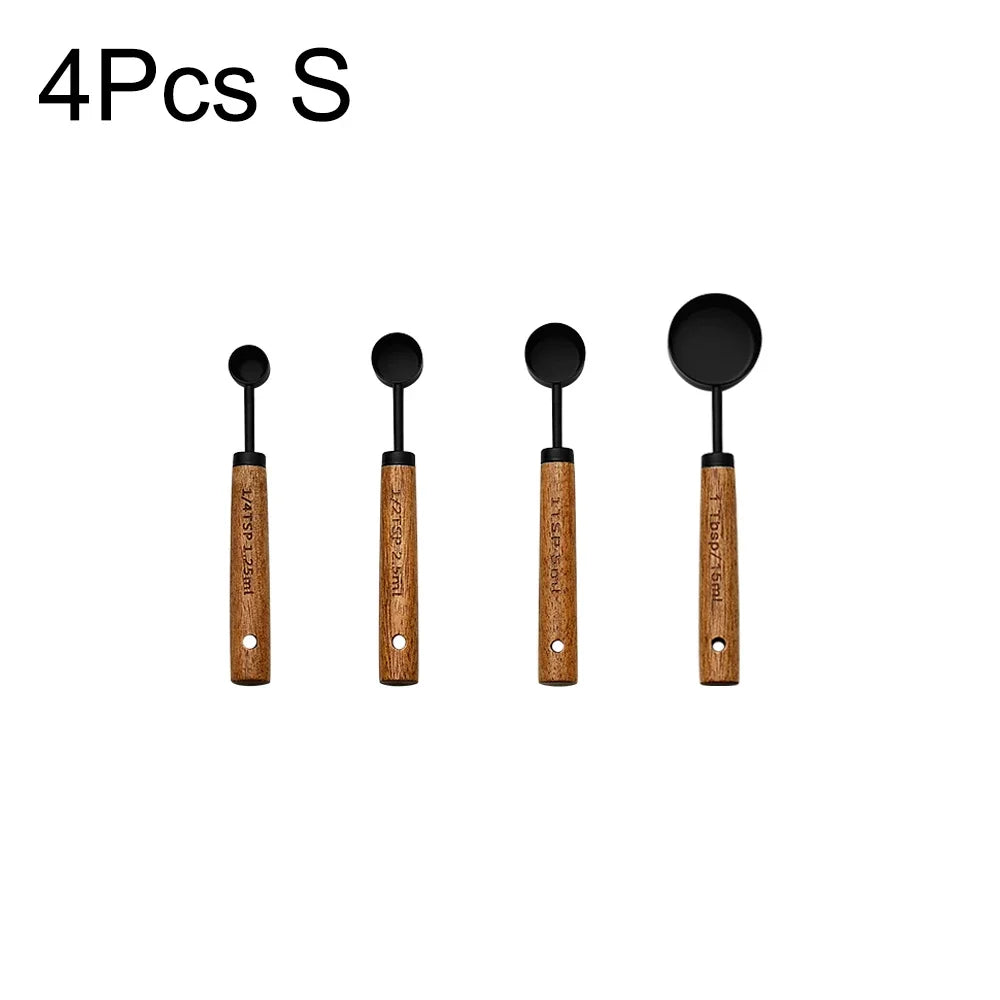 1/4/8pcs Stainless Steel Measuring Spoons With Scale Wooden Handle Household Kitchen Dining Bar Baking Tools Measuring Cups