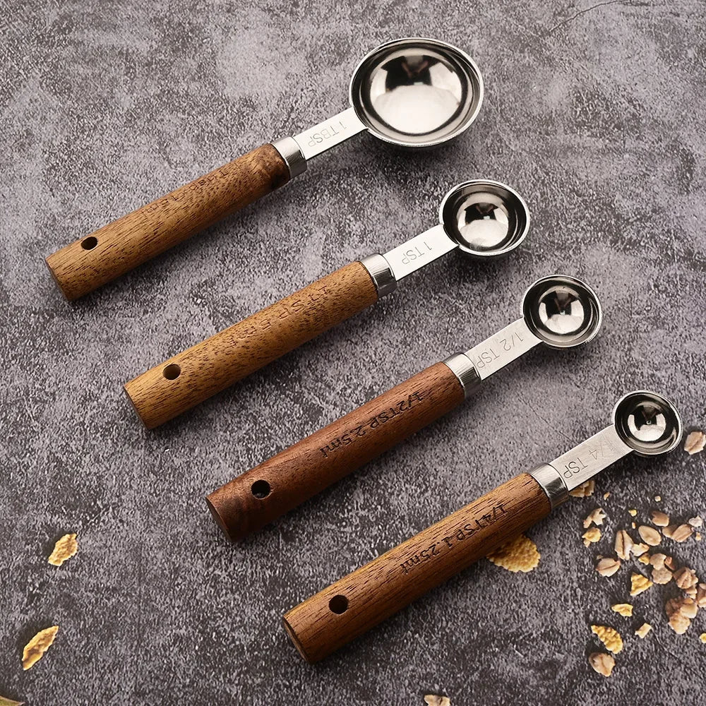 1/4/8pcs Stainless Steel Measuring Spoons With Scale Wooden Handle Household Kitchen Dining Bar Baking Tools Measuring Cups