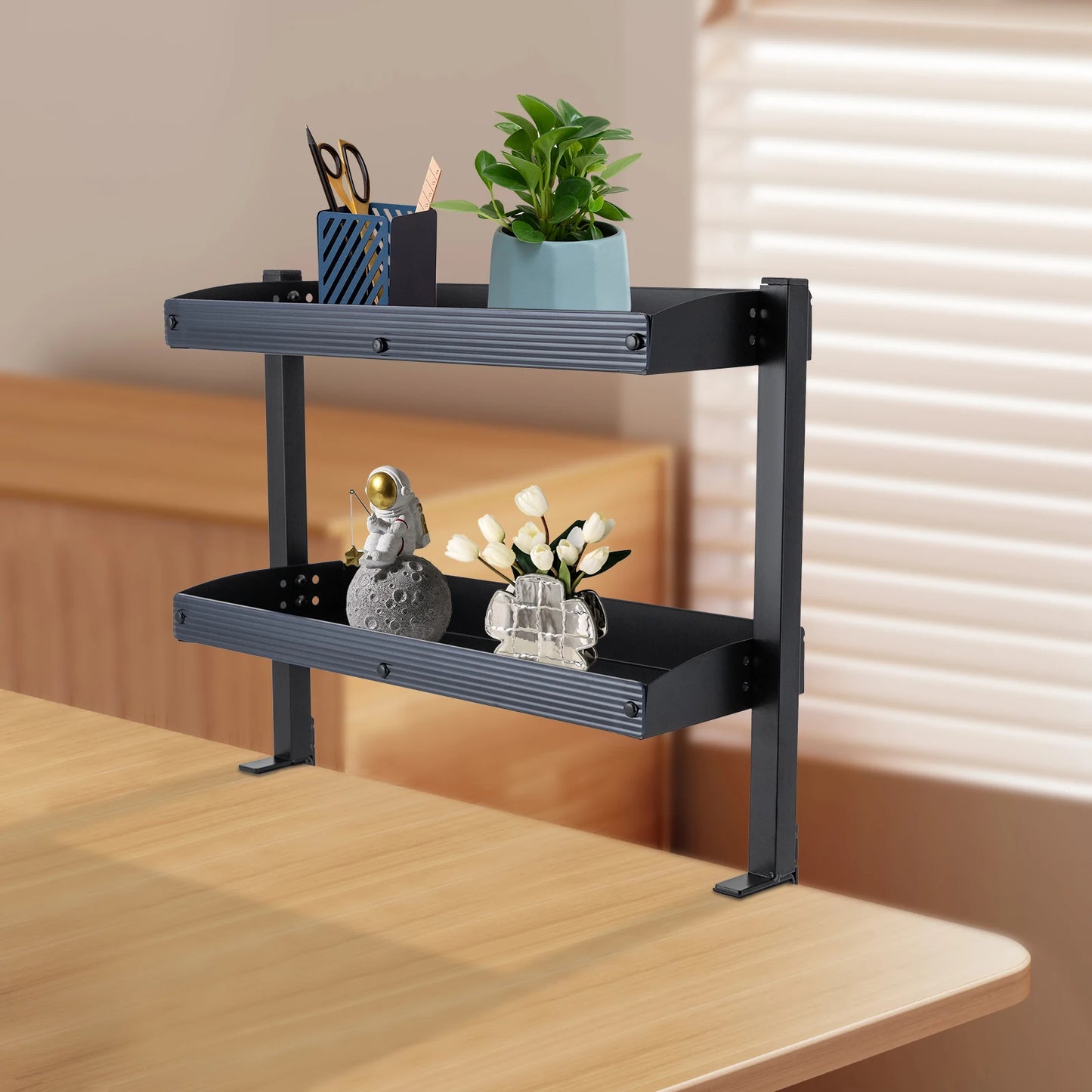 Clamp-on Desk Shelf, 2-Tier, Above or Under Table Corner Shelves Organizer, Black