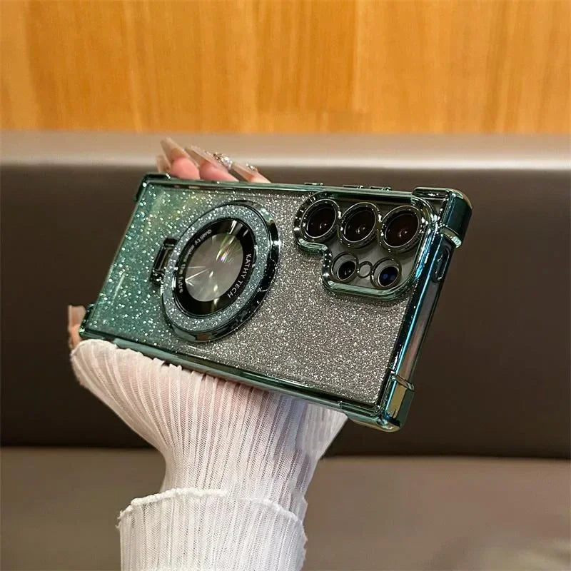 Luxury Magnetic Plating Stand Shockproof Glitter Case for Samsung Galaxy S25 Edge S24 Ultra S23 S22 Plus S21 S20 FE Clear Cover