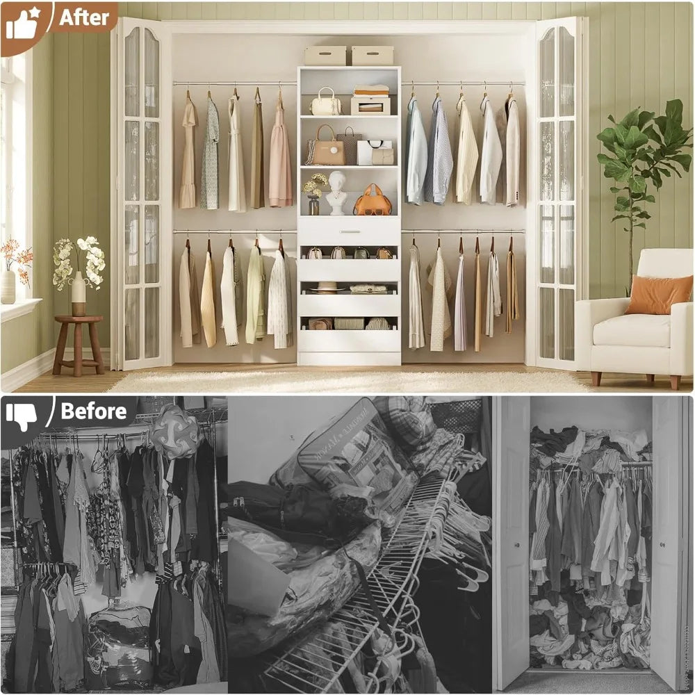 Closet System, 4-9 Ft Closet Organizer with 4 Wooden Drawers, Wooden Closet Organizer System with Tower