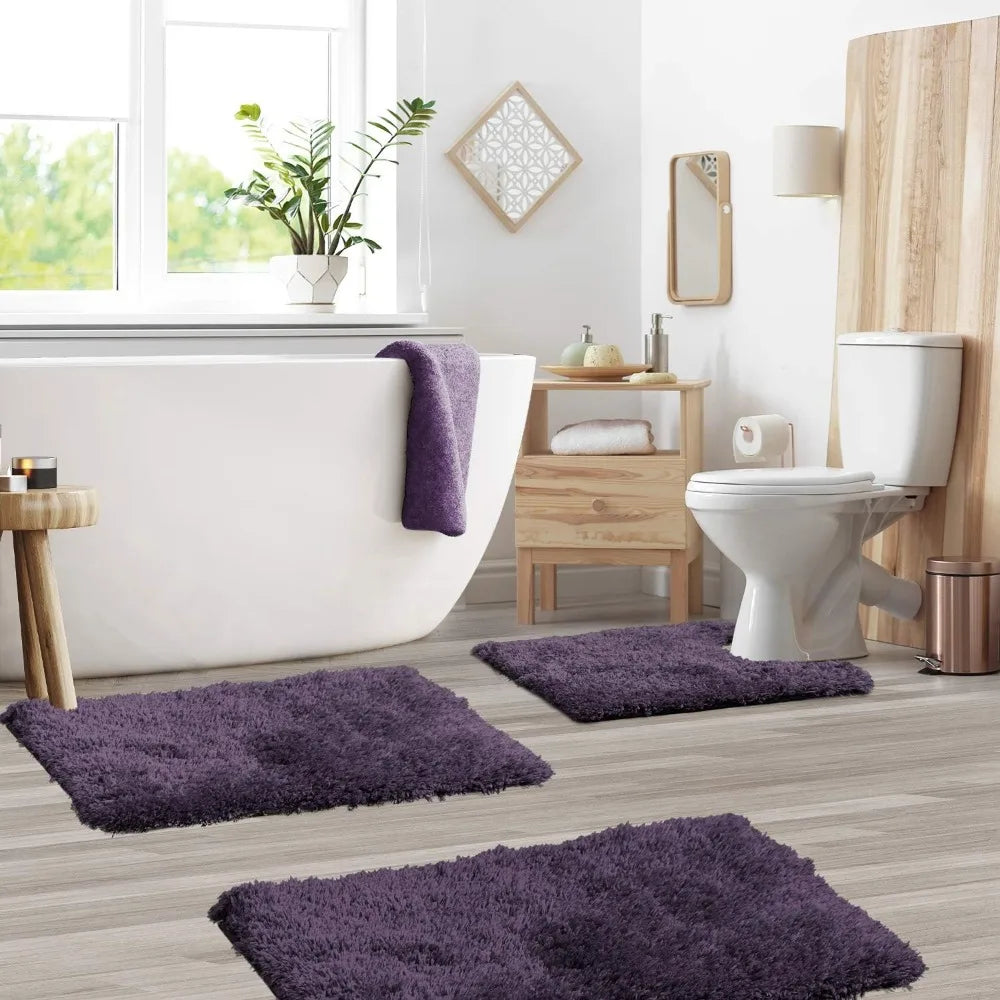 3-Piece Shaggy Plush Bath Mat Set, Non-Slip Quick Dry Ultra Soft Microfiber Rugs for Modern Bathroom