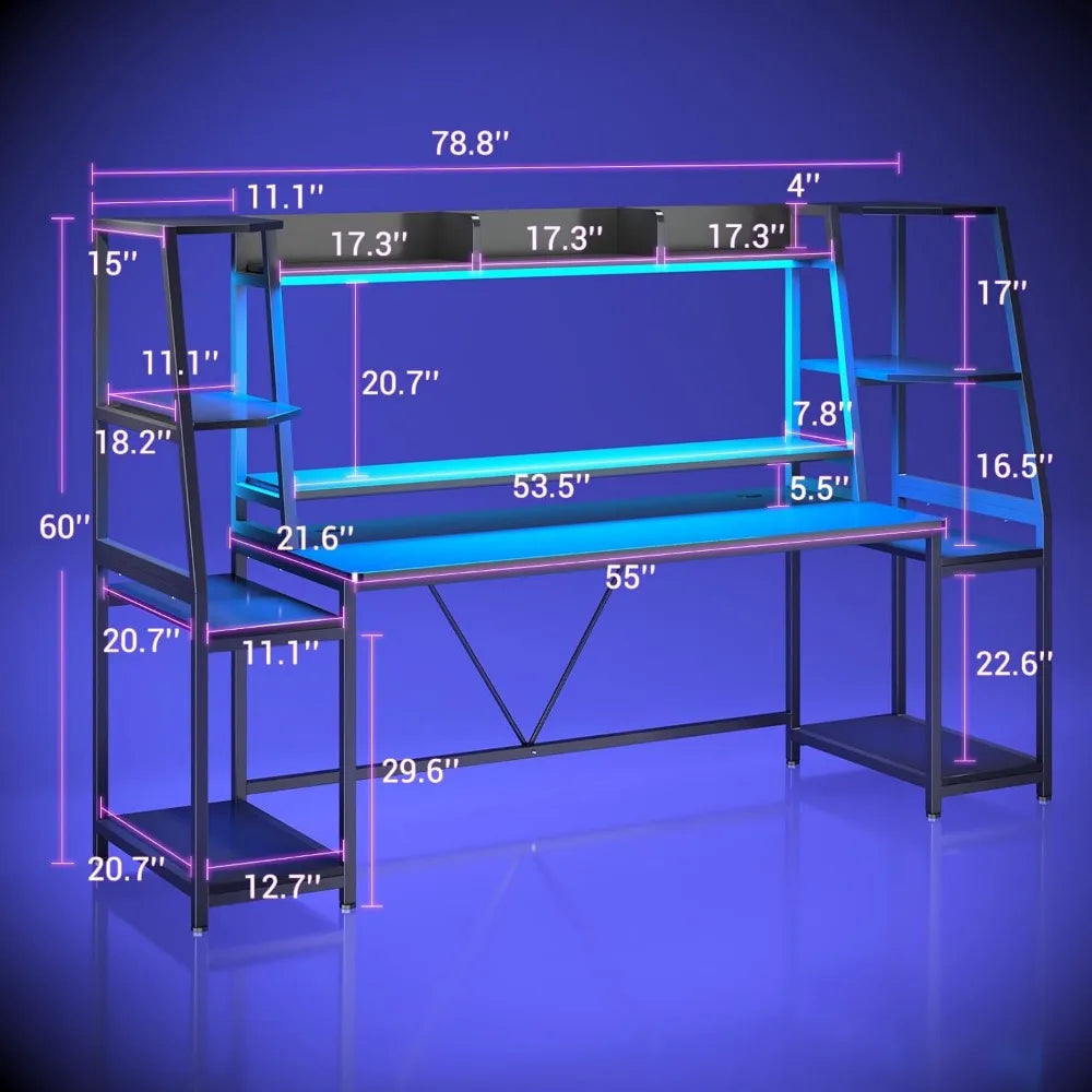 Hutch and Storage Shelves, Computer Desk with Monitor Stand, Large PC Gamer Desk WorkWorkstation, Ergonomic Gaming Table