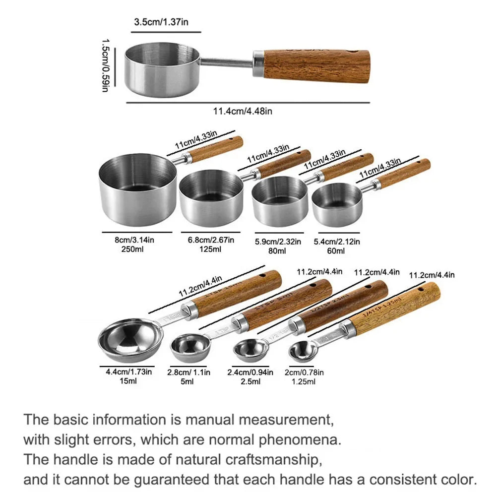 1/4/8pcs Stainless Steel Measuring Spoons With Scale Wooden Handle Household Kitchen Dining Bar Baking Tools Measuring Cups