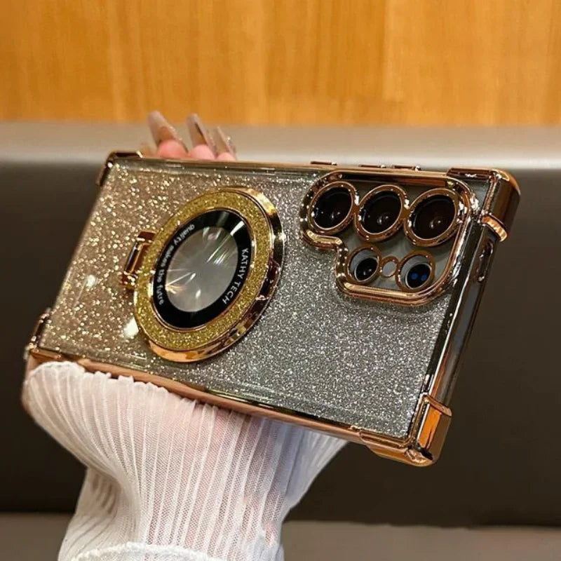 Luxury Magnetic Plating Stand Shockproof Glitter Case for Samsung Galaxy S25 Edge S24 Ultra S23 S22 Plus S21 S20 FE Clear Cover