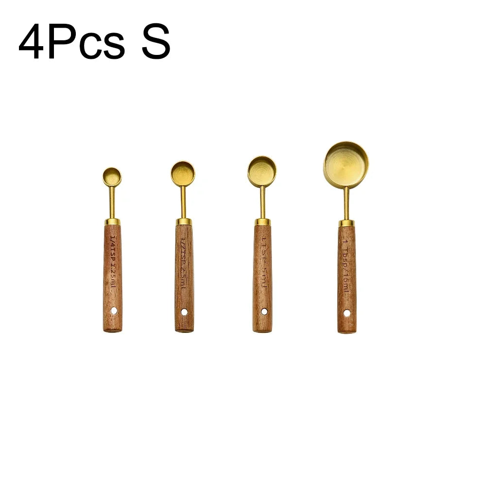 1/4/8pcs Stainless Steel Measuring Spoons With Scale Wooden Handle Household Kitchen Dining Bar Baking Tools Measuring Cups