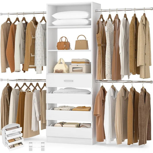 Closet System, 4-9 Ft Closet Organizer with 4 Wooden Drawers, Wooden Closet Organizer System with Tower