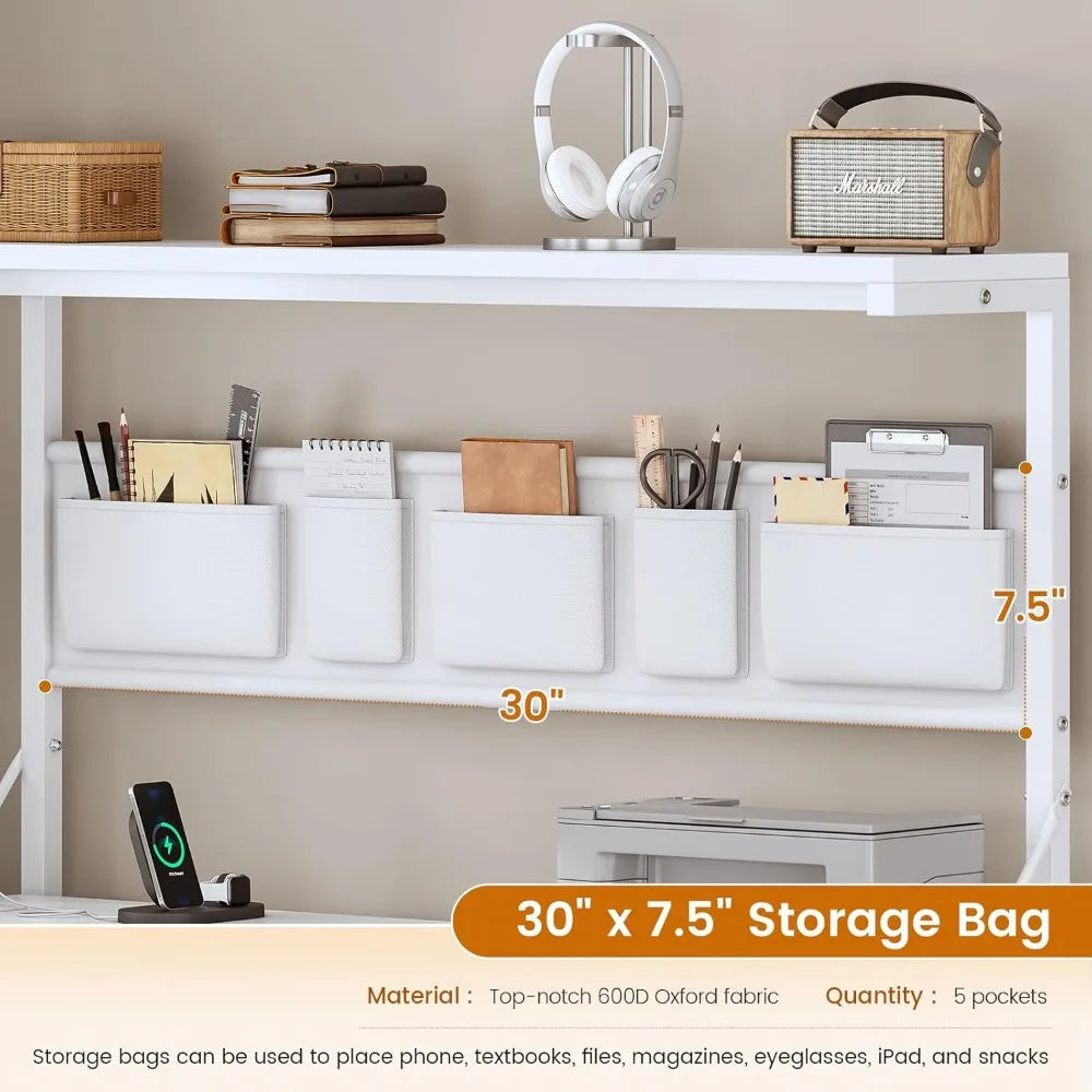 Corner Computer Desk, Reversible L Shaped Computer Desk with Fabric Drawers and Power Outlet, 47.2” Gaming Desk with LED