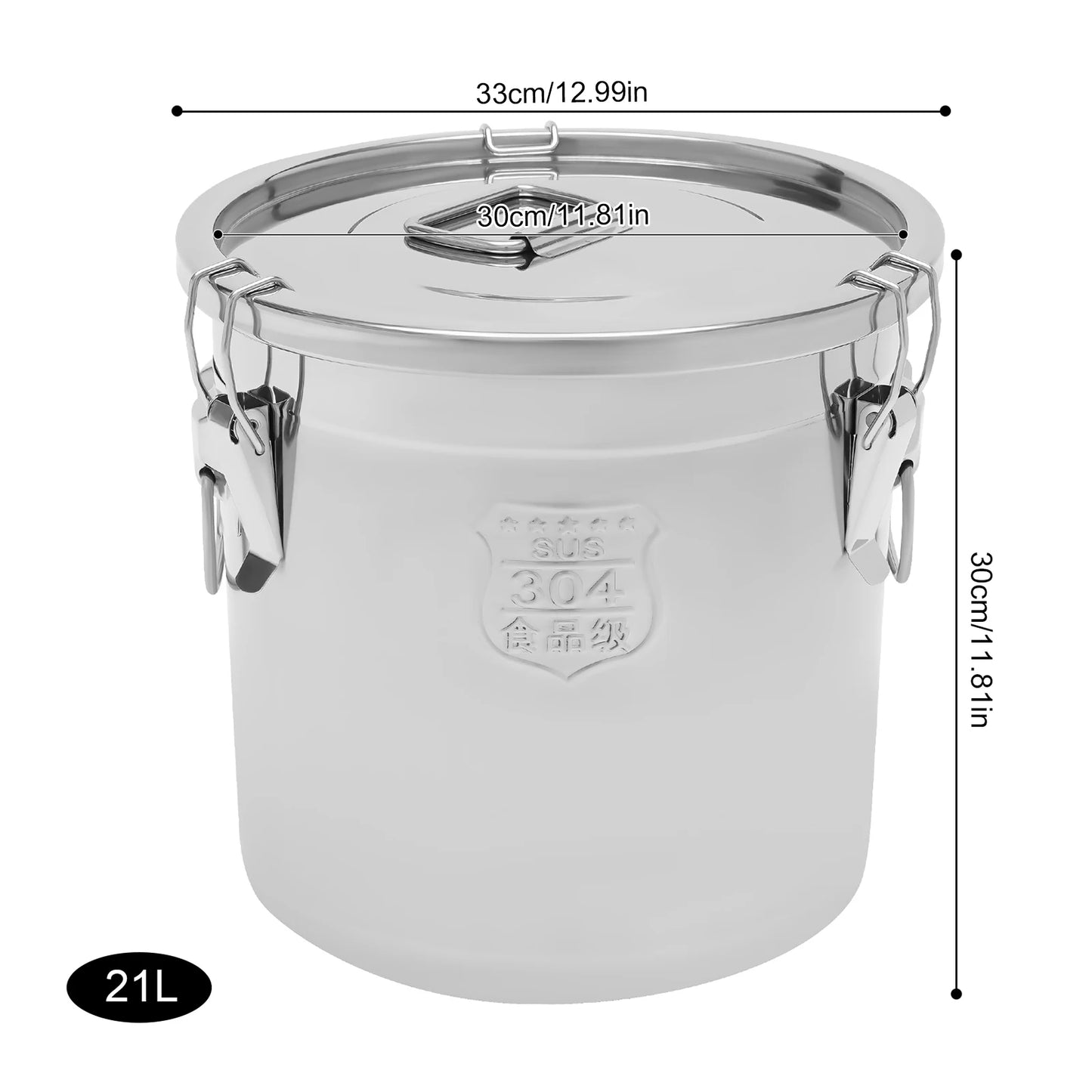 21L/33L Airtight Rice Bucket Canister Food Storage Container 304 Stainless Steel