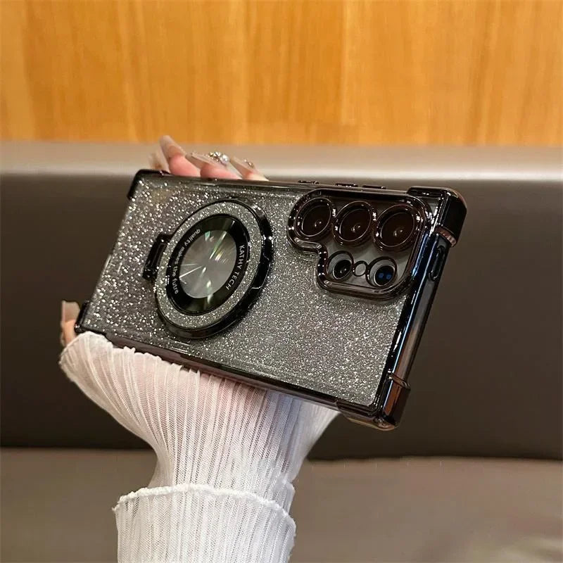 Luxury Magnetic Plating Stand Shockproof Glitter Case for Samsung Galaxy S25 Edge S24 Ultra S23 S22 Plus S21 S20 FE Clear Cover