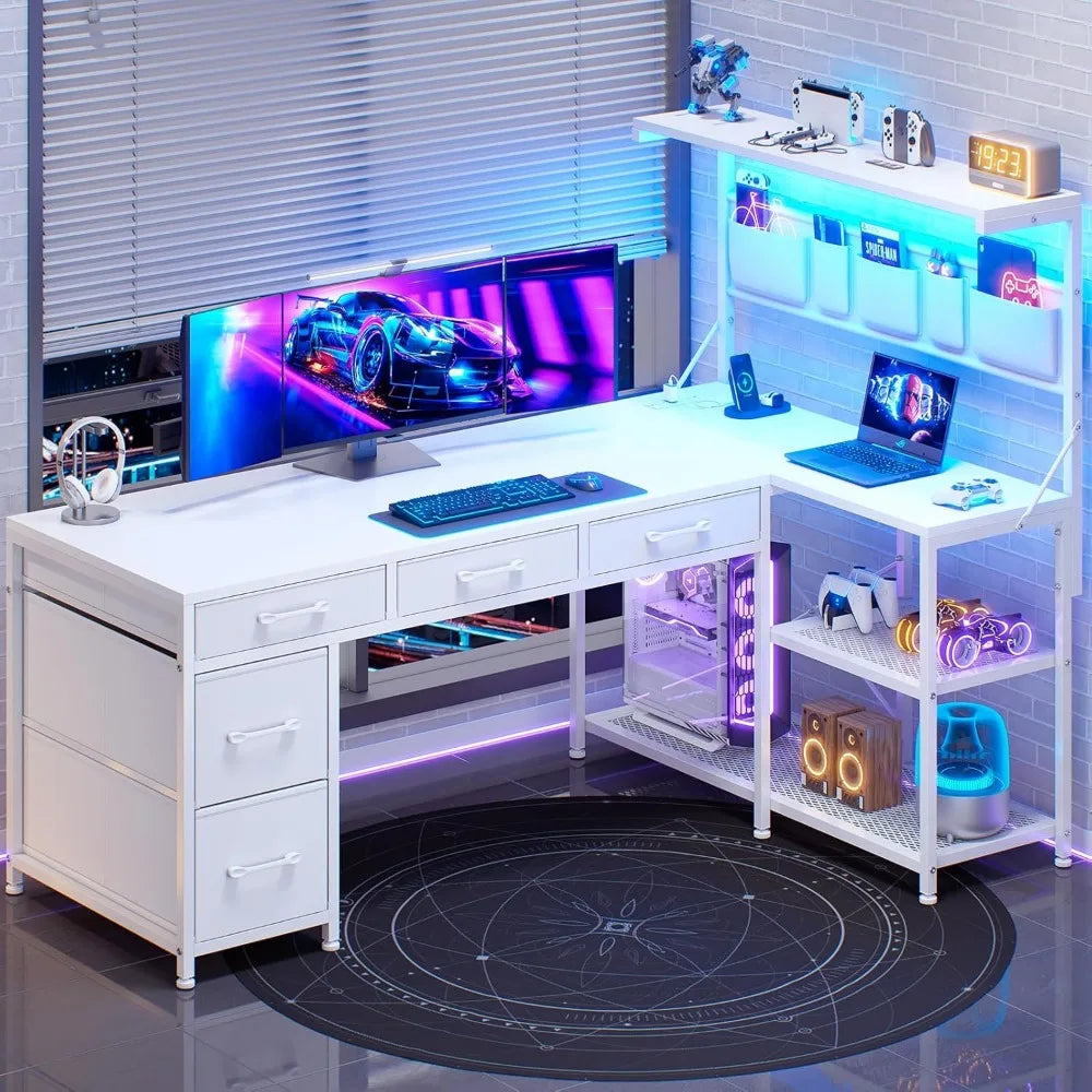 Corner Computer Desk, Reversible L Shaped Computer Desk with Fabric Drawers and Power Outlet, 47.2” Gaming Desk with LED