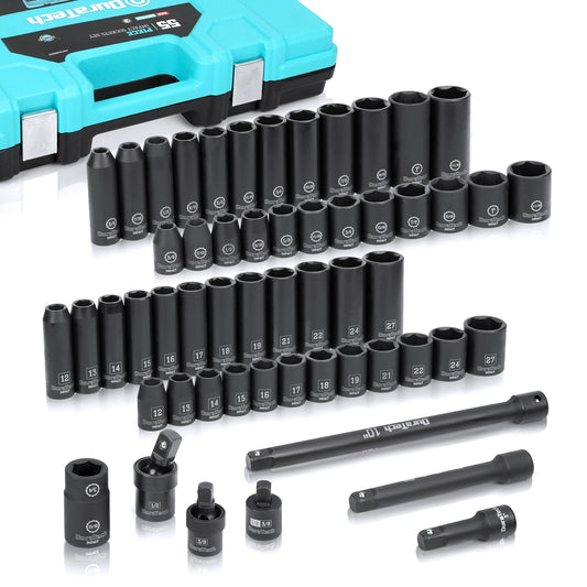 DURATECH 55Pcs Socket Set, 1/2’’ & 6 Point Impact Socket Set, 7 Accessories included, 24 Both Standard Impact Sockets and Dee